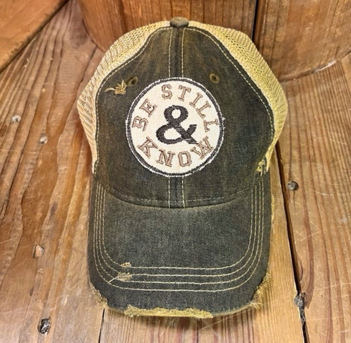 Be Still &amp; Know Distressed Mesh Snapback Baseball Hat