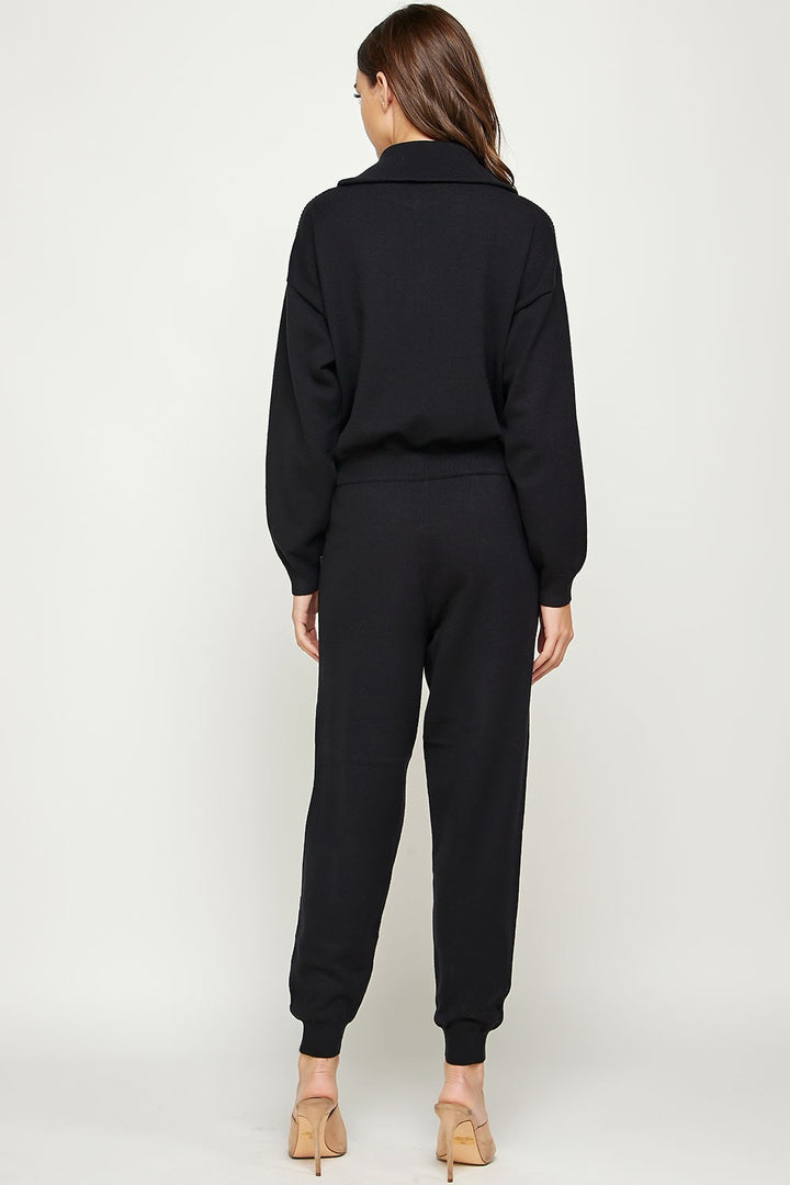 Gia Half Zip Knit Sweater Jumpsuit: Black
