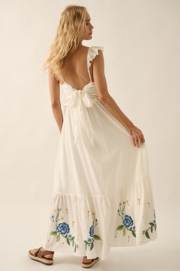 Fiona Floral Embroidered Ruffle Tie Back Maxi Dress