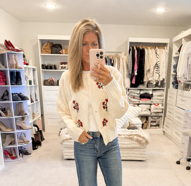 Greta Embroidered Flower Cable Knit Cardigan: Ivory