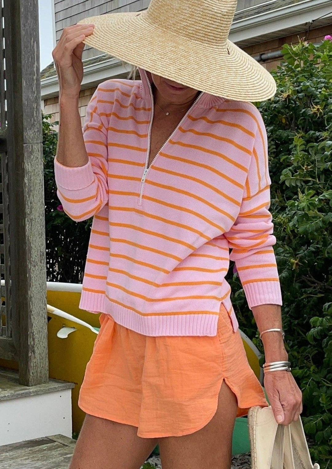 Sunset Social 1/2 Zip Cotton Sweater Stripe - Orange/Pink