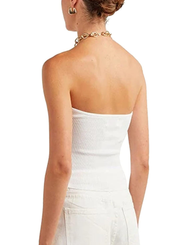 Courtney Twist Knot Ribbed Knit Strapless Top: White
