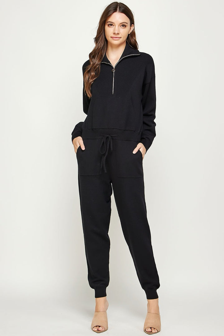 Gia Half Zip Knit Sweater Jumpsuit: Black