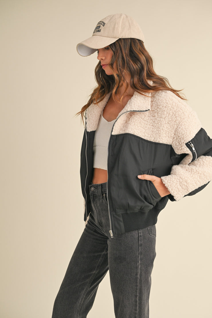 Mable Shearling Contrast Bomber Jacket: Ivory/Black