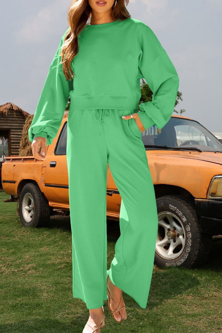 Lark Two-Piece Puff Sleeve High Waist Pant Set: Field Green