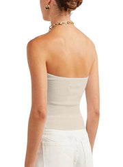 Courtney Twist Knot Ribbed Knit Strapless Top: Beige