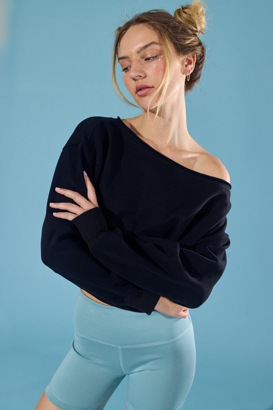 Alina Off Shoulder Crop Sweatshirt: Black