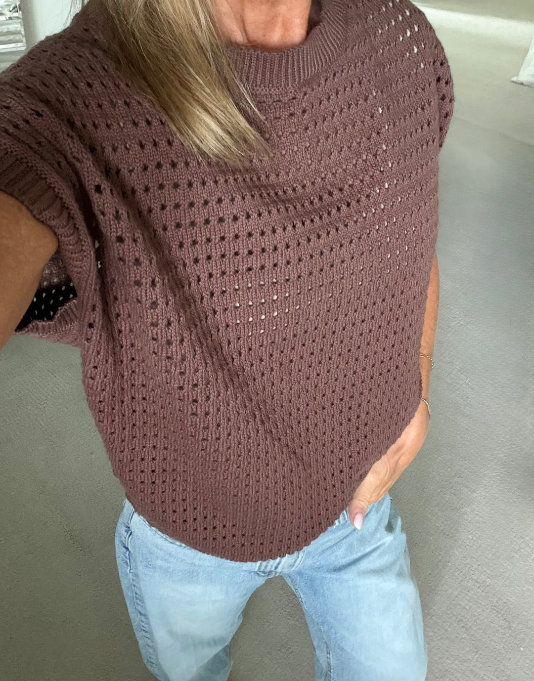 Adeline Open Knit Sweater Vest: Chocolate