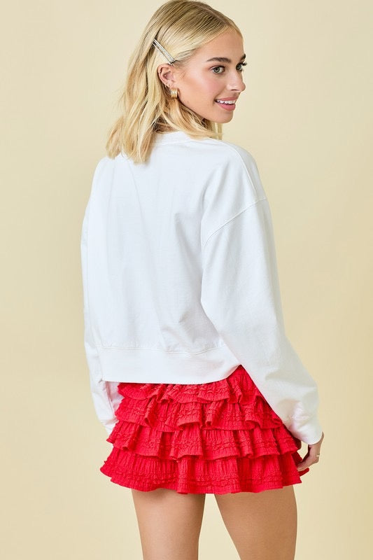 USA Graphic Cropped Crew Neck Sweatshirt: White