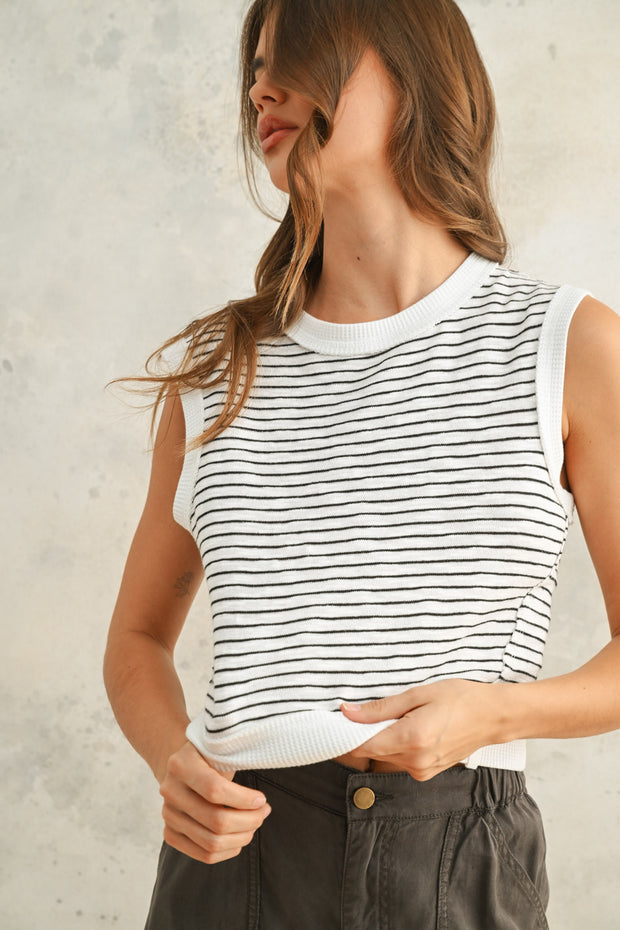Billie Striped Sleeveless Top: Black/Ivory