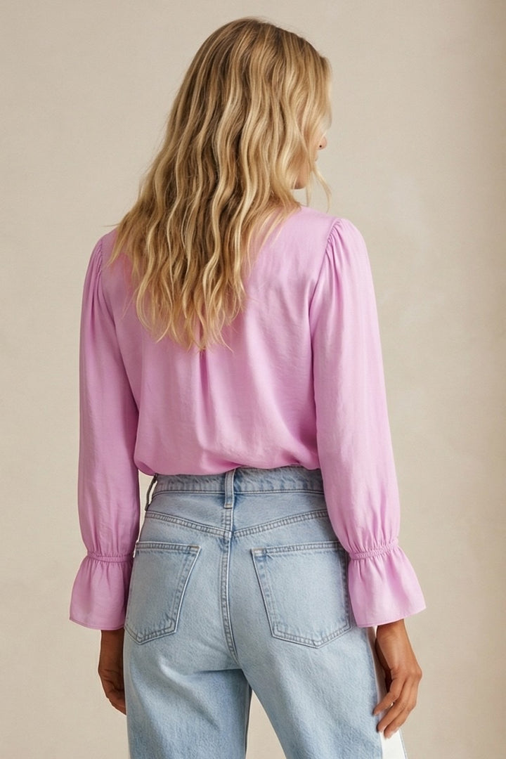 Fiona V Neck Flared Sleeve Blouse: Raspberry Sorbet