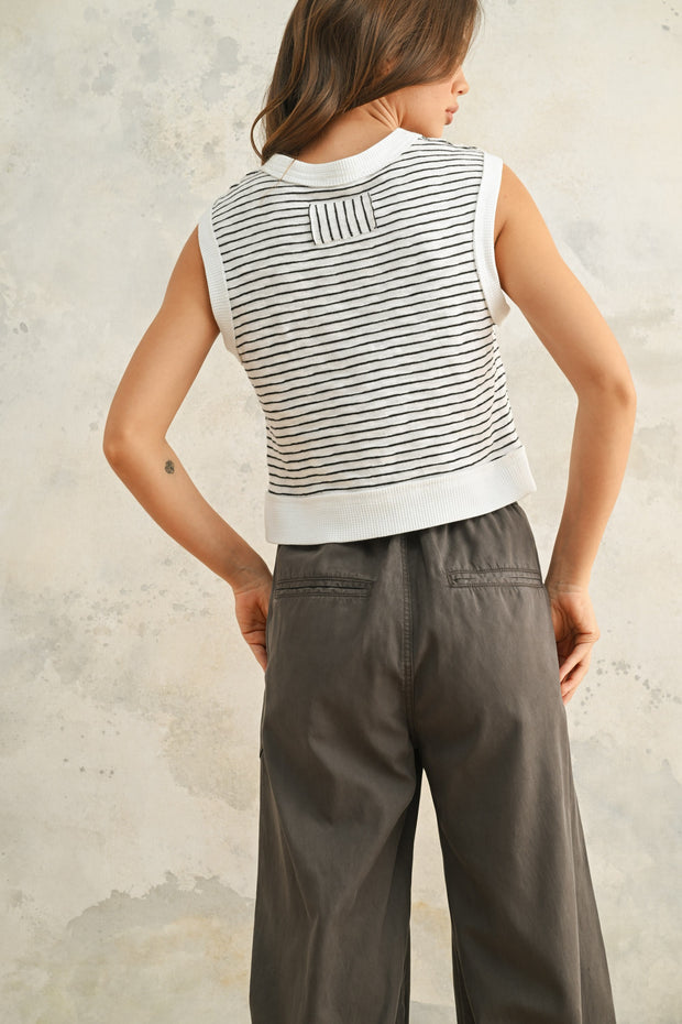 Billie Striped Sleeveless Top: Black/Ivory