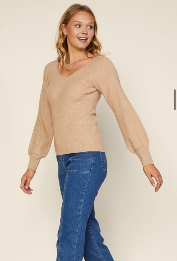 Bella V-Neck Ribbed Sweater: Taupe