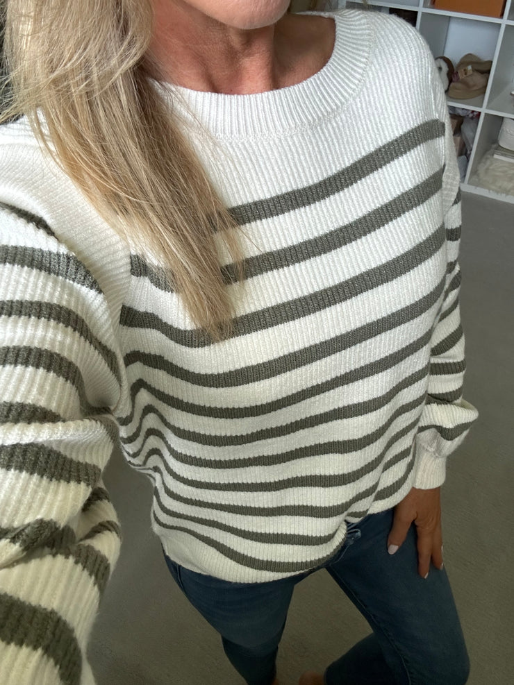 Calista Stripe Bubble Sleeve Knit Sweater: Olive/Cream