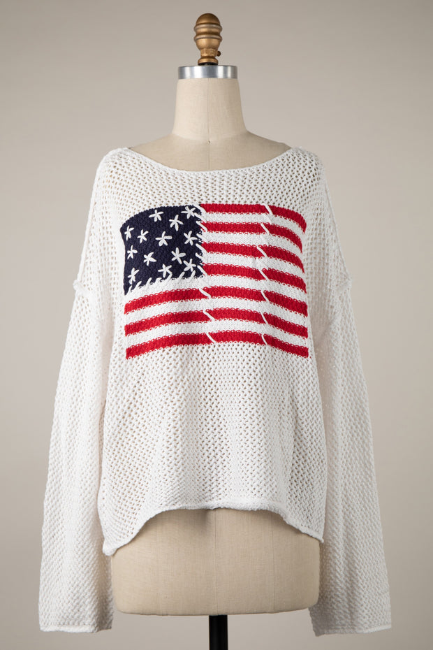 Proud to Be An American Whipstitch Flag Sweater: White