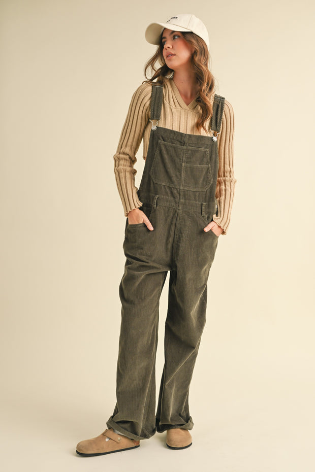 Landon Boyfriend Fit Corduroy Overalls: Olive