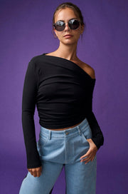 Marissa Shirred Assymetrical Top: Black