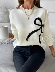 Samantha Bow Embroidered Crewneck Sweater:Ivory/Black