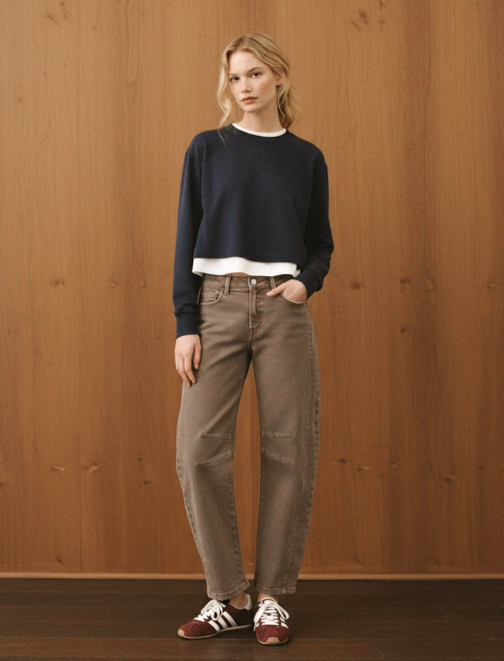 Marlow High Rise Barrel Jeans: Washed Brown