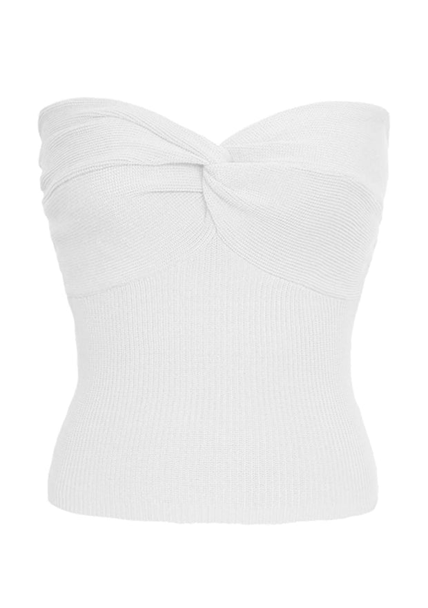 Courtney Twist Knot Ribbed Knit Strapless Top: White