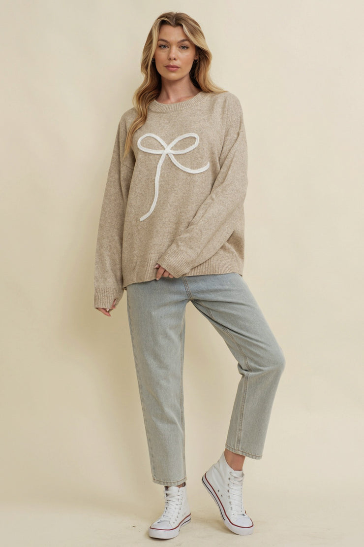 Avery Bow Embroidered Crewneck Sweater: Beige