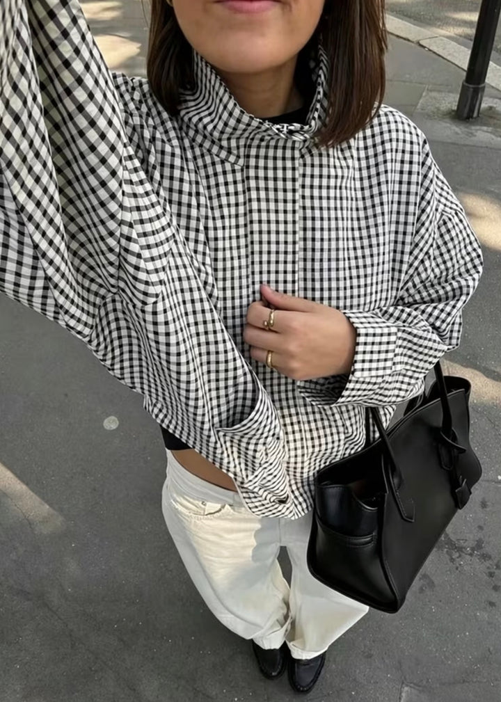 Bree Plaid Funnel Neck Bomber Jacket:Black/White
