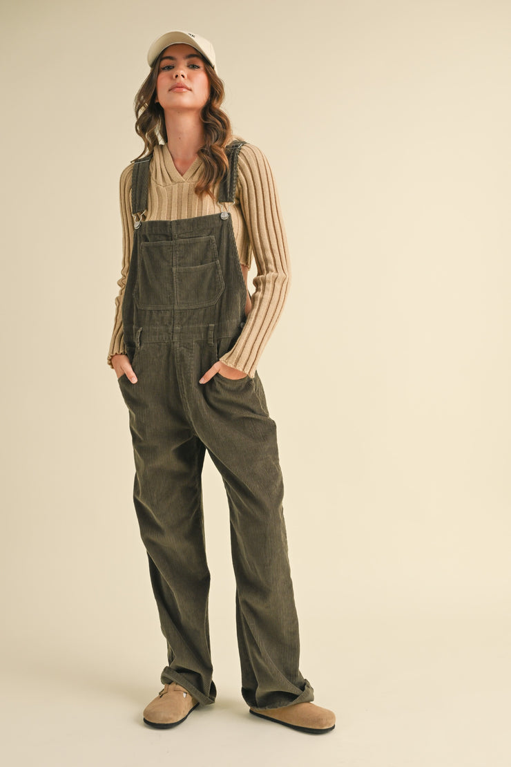 Landon Boyfriend Fit Corduroy Overalls: Olive