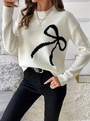 Samantha Bow Embroidered Crewneck Sweater:Ivory/Black