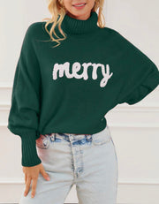 MERRY Embroidered Turtleneck Sweater: Evergreen