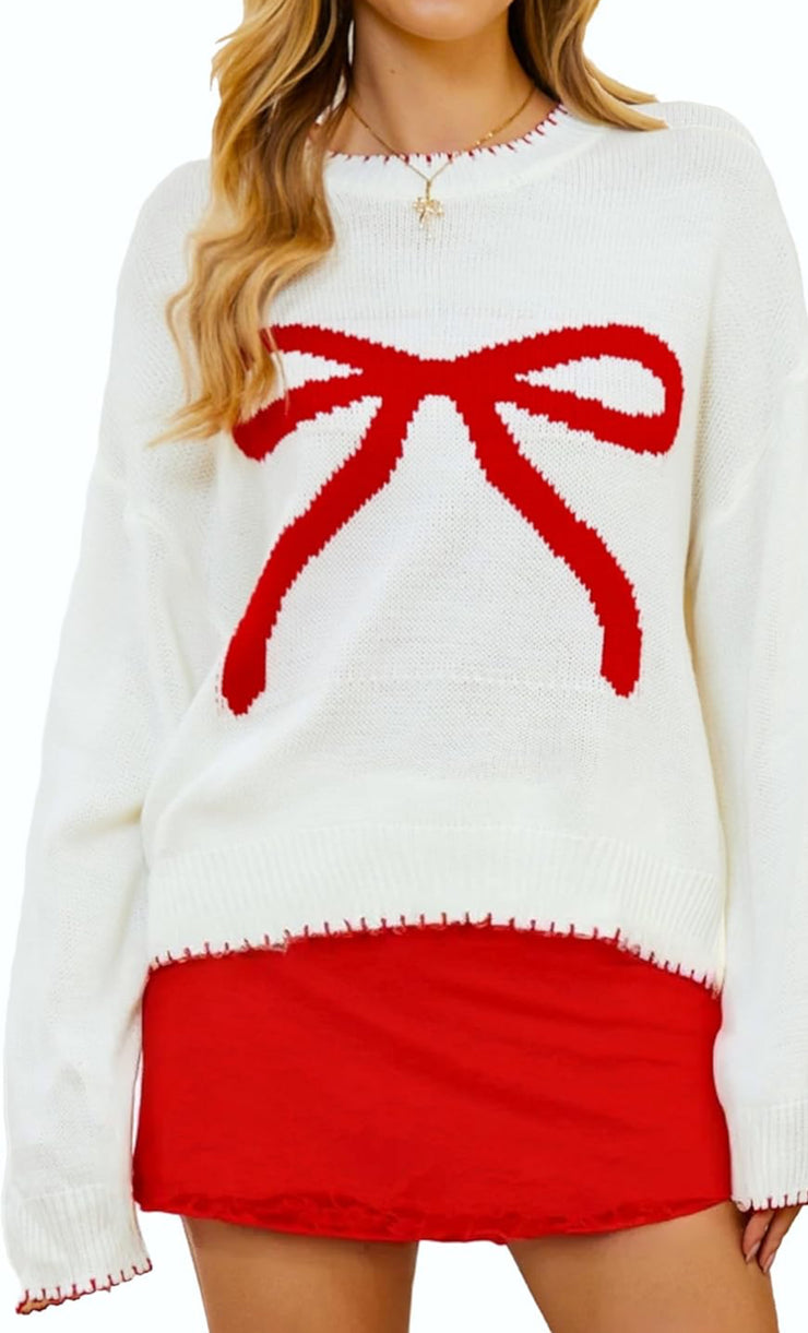 Tied In A Bow Embroidered Crewneck Sweater:Ivory