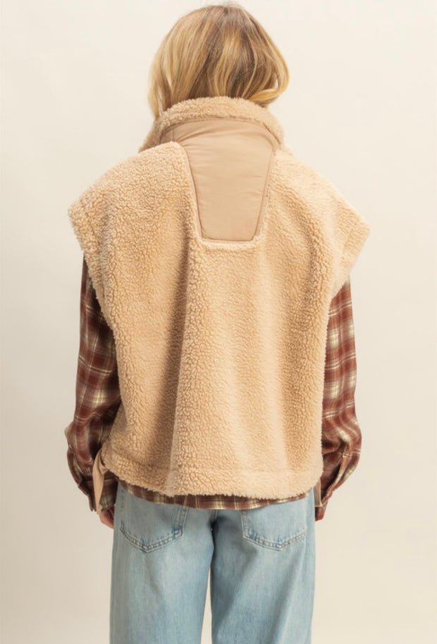 Carly Cozy Sherpa Vest Jacket: Camel