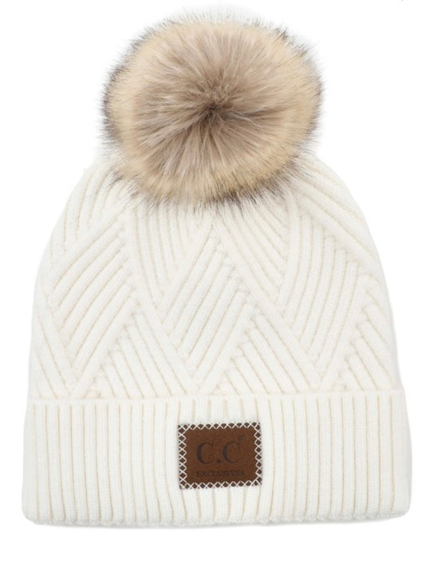 CC BRAND Laura Criss Cross Faux Fur Pom Beanie Hat: Ivory
