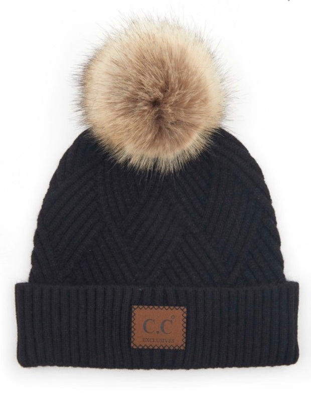 CC BRAND Laura Criss Cross Faux Fur Pom Beanie Hat: Black