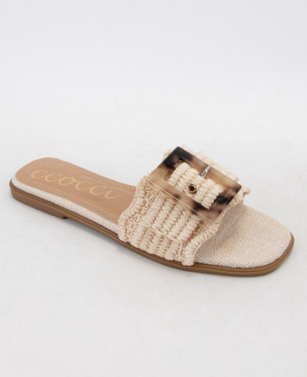 Leslie Tortoise Buckle Raffia Slide On Sandals
