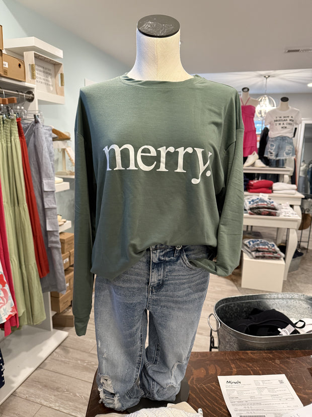 MERRY Long Sleeve Lightweight Knit Sweatshirt: Olive