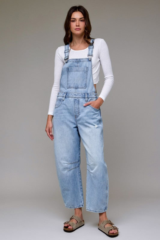 Layla Classic Barrel Cropped Denim Overalls: Light Wash