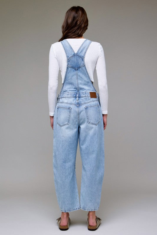 Layla Classic Barrel Cropped Denim Overalls: Light Wash