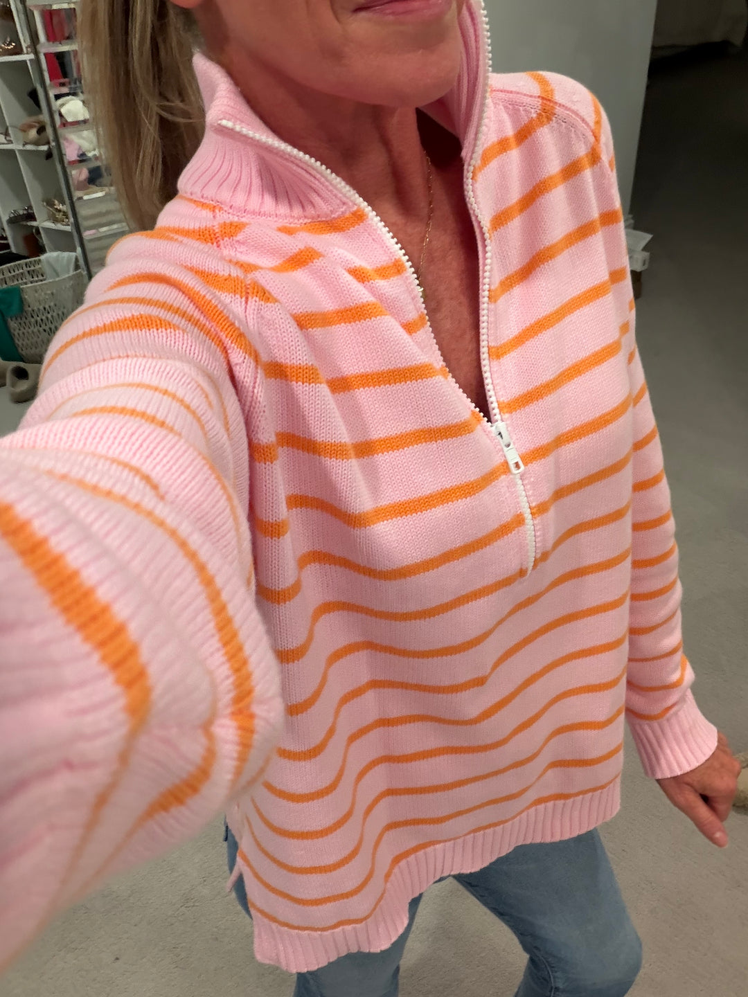 Sunset Social 1/2 Zip Cotton Sweater Stripe - Orange/Pink