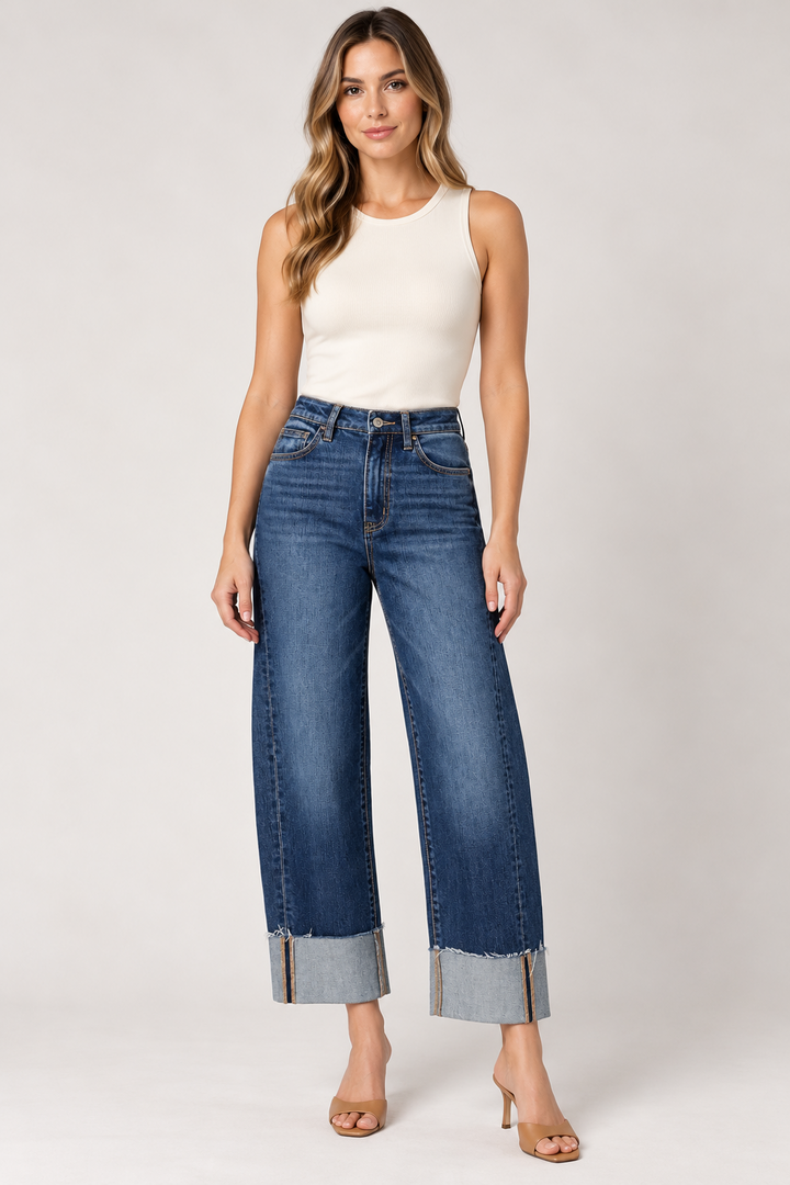 Olivia Side Seam Cuff Barrel Jeans: Dark
