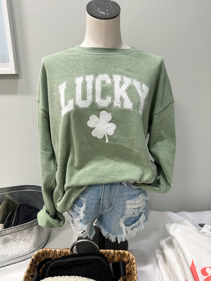 LUCKY Graphic Crewneck Sweatshirt: Heathered Green