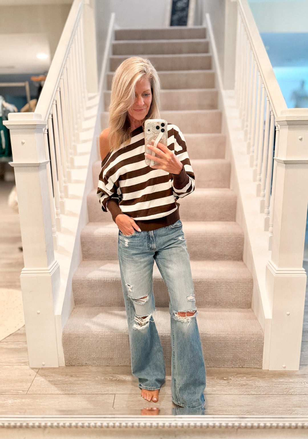 Harbor Muse Off-Shoulder Striped Sweater