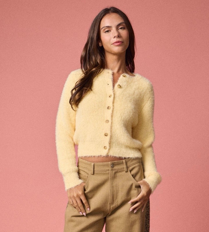 Rhianne Fuzzy Cozy Lightweight Cardigan: Butter