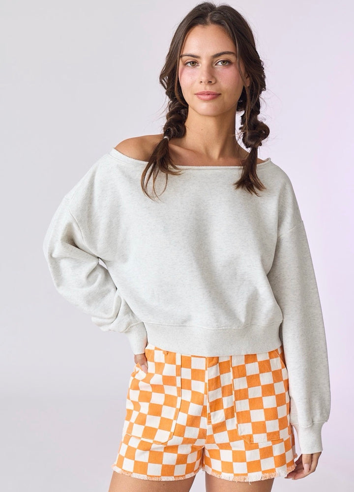 Alina Off Shoulder Crop Sweatshirt: Heather Gray
