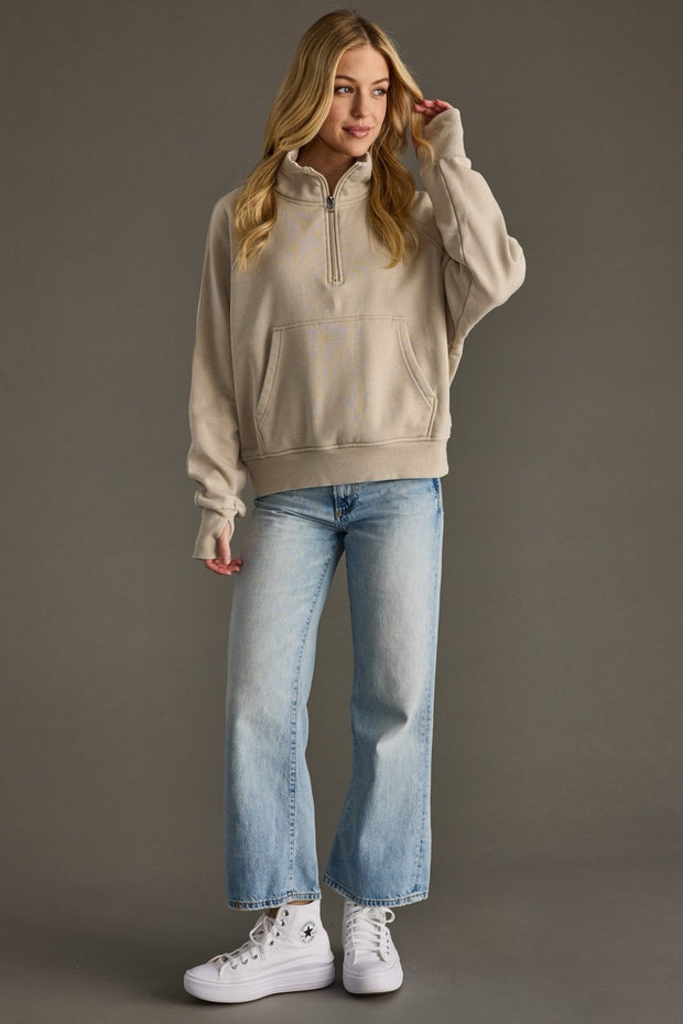 Mable Quarter Zip Pullover Sweatshirt: Tan
