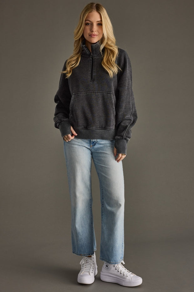 Mable Quarter Zip Pullover Sweatshirt: Vintage Wash Black
