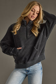 Mable Quarter Zip Pullover Sweatshirt: Vintage Wash Black