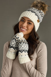 Ski Bunny Faux Fur Pom Fleece Lined Beanie Hat: Ivory