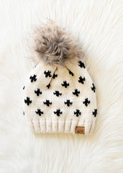Fleur De Lis Pom Beanie Hat: Ivory/Black
