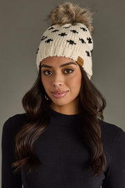 Fleur De Lis Pom Beanie Hat: Ivory/Black