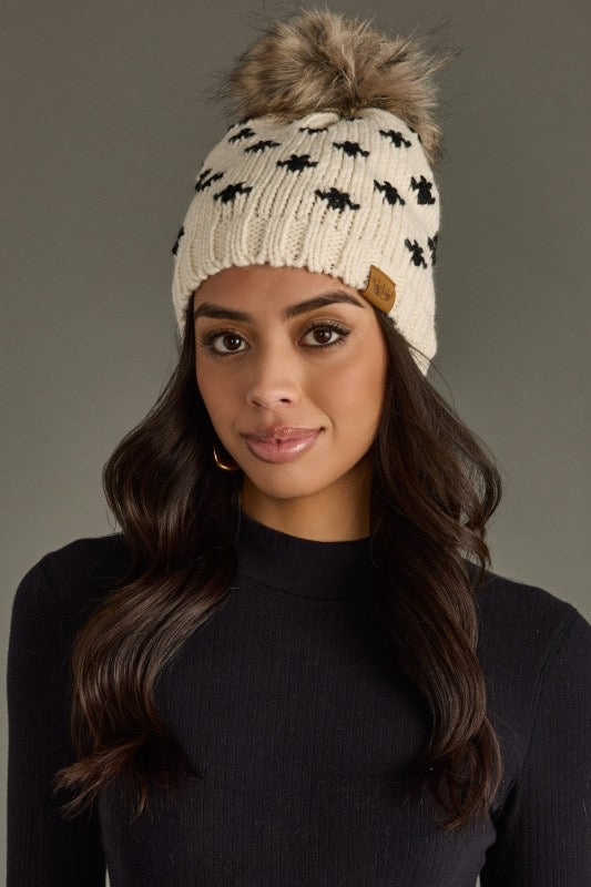 Fleur De Lis Pom Beanie Hat: Ivory/Black